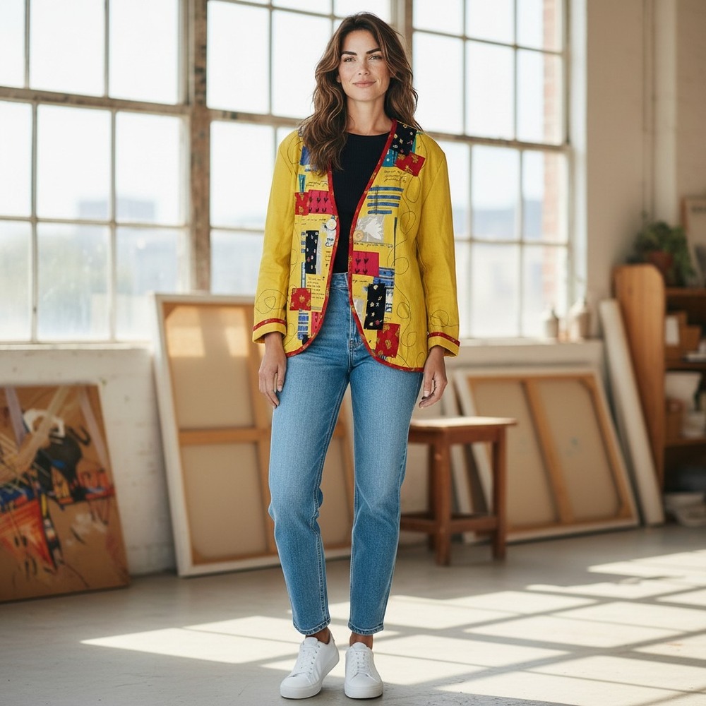 Canvasbacks Blazer Women M Yellow Vintage USA Cottagecore 100% Linen Patchwork